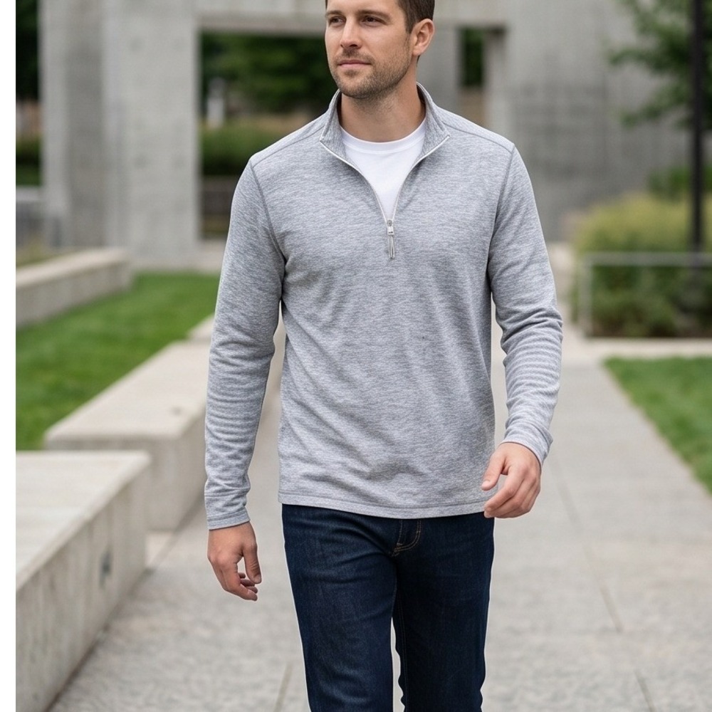 Tallwoods Mens Grey Space Dye Quarter Zip Pullover Performance Shirt NWT